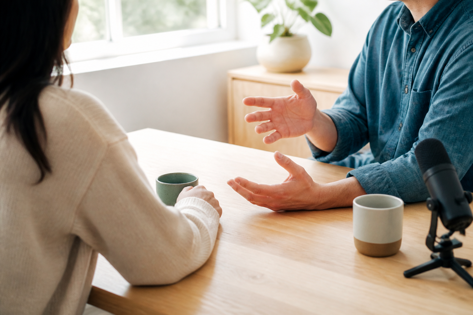 明るいテーブルを囲んで会話するイメージ